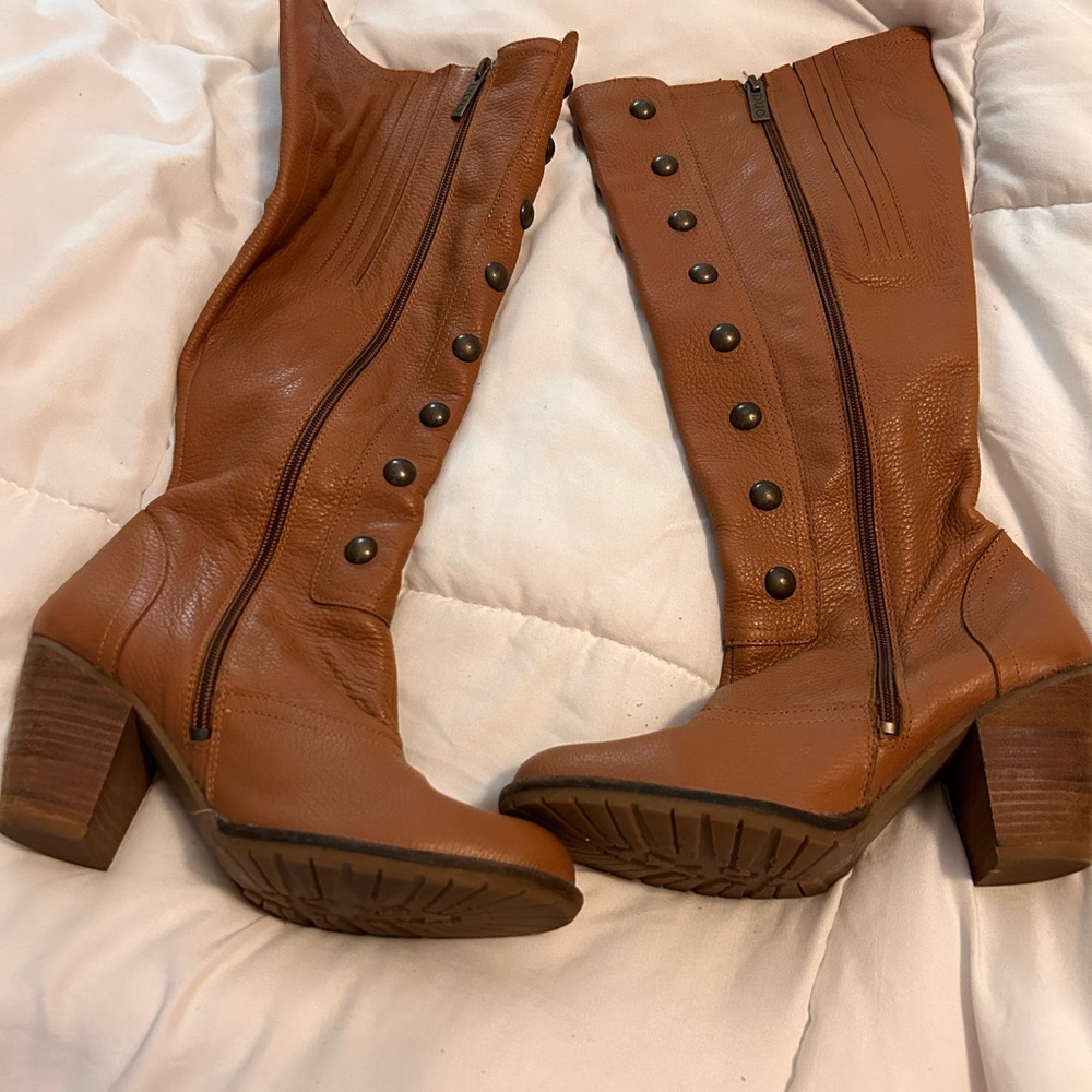 Wide calf dark tan leather boots